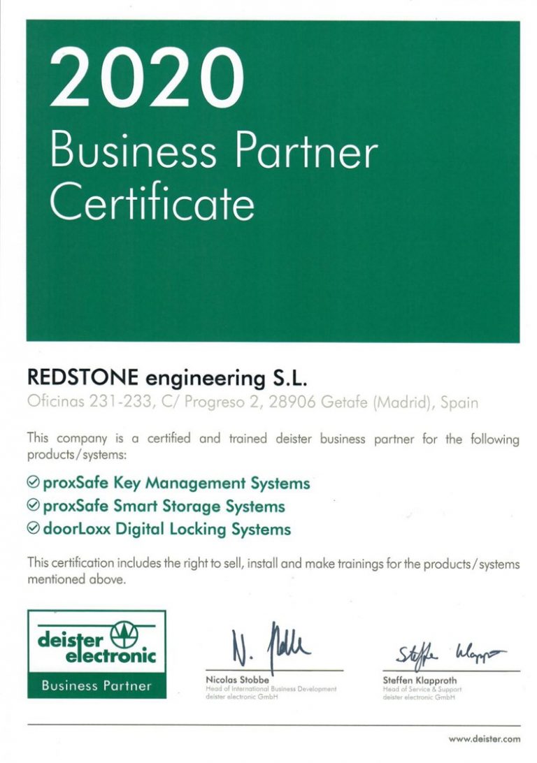 Business partnet Certificate 2020 - Redstone - Deister - Partner